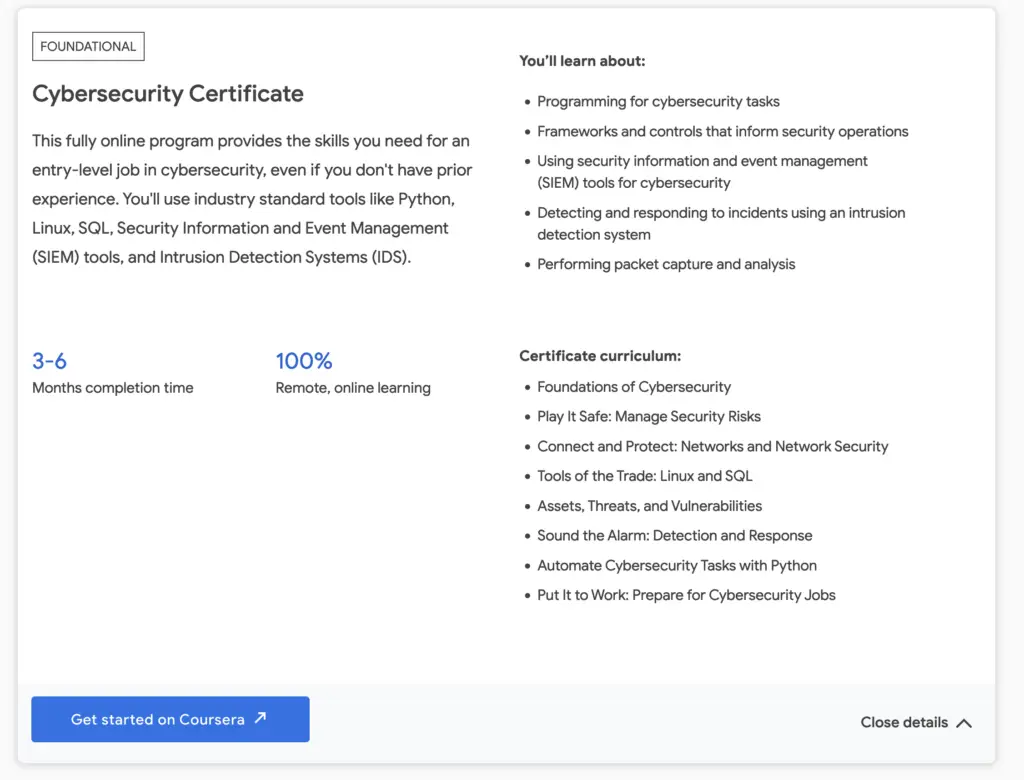 Google Cybersecurity Cert Course Details